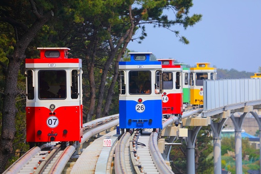 Colorful capsule train in Busan. Tourist attraction in South Korea.