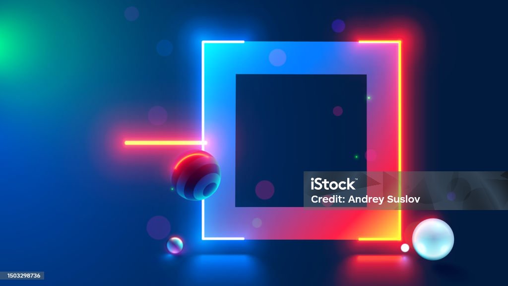 Rectangular Glow Frame Neon Rectangle Glowing Frame In Dark Cyberspace With Hanging 3d Spheres ...