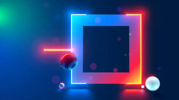 Vector illustration of Neon rectangle glowing frame in dark cyberspace with hanging 3d spheres. Abstract tech square border or frame in modern technology style. Podium or background for object consist at red, blue neon lamp