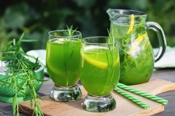 Homemade summer refreshing tarragon lemon drink on patio table Homemade summer refreshing tarragon lemon drink on patio table. tarragon horizontal color image photography stock pictures, royalty-free photos & images