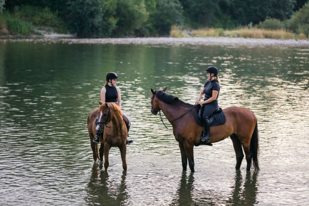istock Riders, two young women riding horses down the river 1503299055