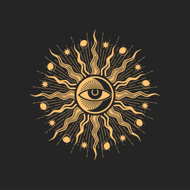 Sun and eye esoteric occult pentagram Sun and eye esoteric occult pentagram, magic tarot sign. All-seeing eye, moon crescents, stars and radiant rays inside of circle. Vector spiritual magic emblem, isolated alchemy, wicca or pagan symbol magic eye pattern stock illustrations
