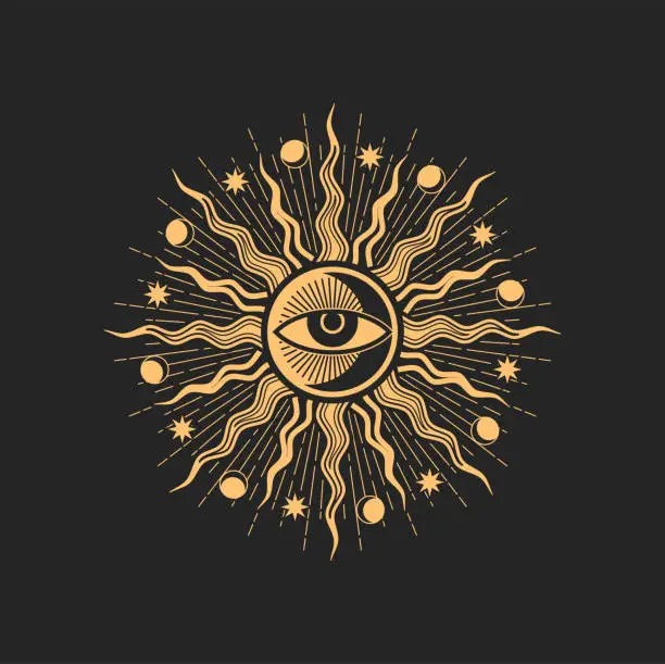Vector illustration of Sun and eye esoteric occult pentagram