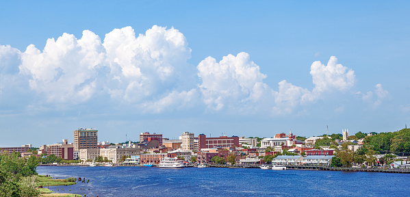 panoramic view to the old harbor area of scenic Wilmington with old victorian houses, USA
