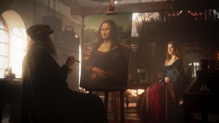 Recreation of Historical Moment: Beautiful Model Giving Life to the Painting of the Mona Lisa By Posing While the Painter Leonardo da Vinci is Making a Portrait of Her in Art Workshop. Renaissance Era