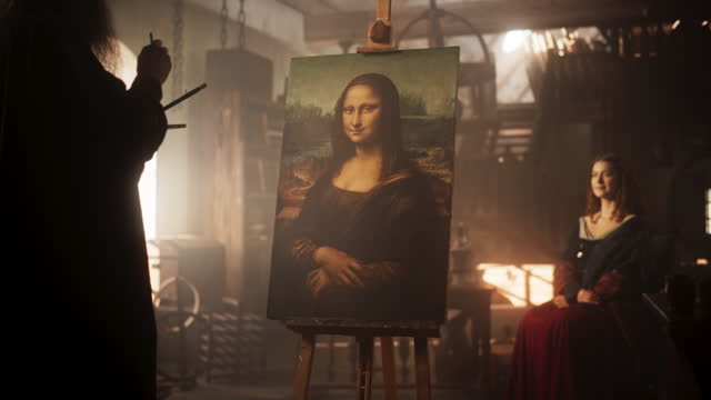 Recreation of Historical Moment: Leonardo Da Vinci Adding Details to his Brilliant Painting of the Mona Lisa with his Muse's Presence. Eternal Beauty Captured on Canvas in Renaissance Art Workshop