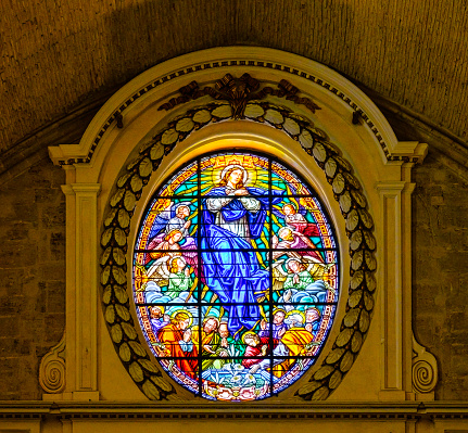 Sens (Yonne, Burgundy, France) - Interior of the Saint-Etienne cathedral, in gothic style, stained glass and part of rose window (ancient artwork, public domain)