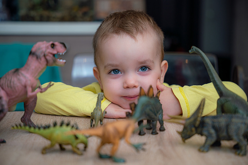 Cute boy dreaming while playing dinosaurs at the kitchen table