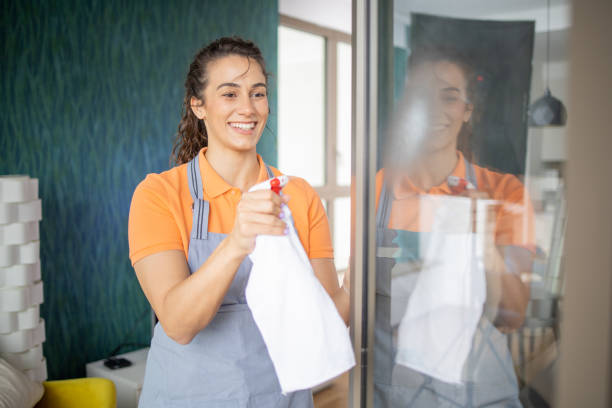 istock Young woman washing window 1503304527