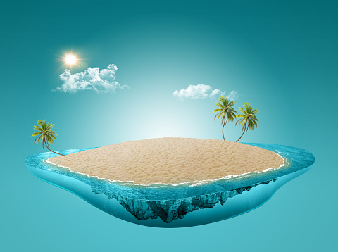 3d illustration of pool with beach sand on surface. tropical island isolated.