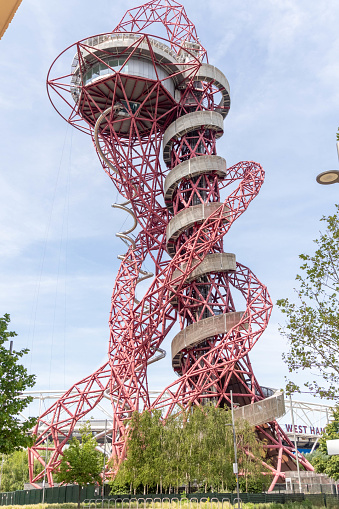 London, United Kingdom, May 28th 20203:- A view of the Arcelor Mittal Orbit located in the Queen Elizabeth Olympic Park, home of the 2012 London Olympic Games