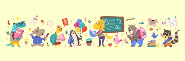 Vector illustration of Back to school Animals hand drawn style, educational theme. Vector illustration.