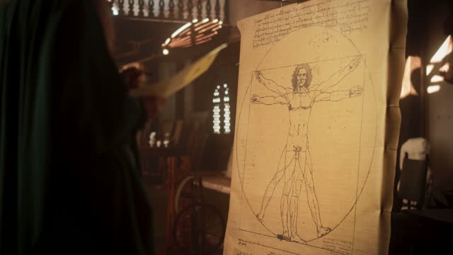 The Blend of Art and Science: Documentary Shot of Leonardo Da Vinci Working on his Famous Piece of the Vitruvian Man in his Workshop. Historical Moment Depiction of Talent and Brilliance. Zoom in