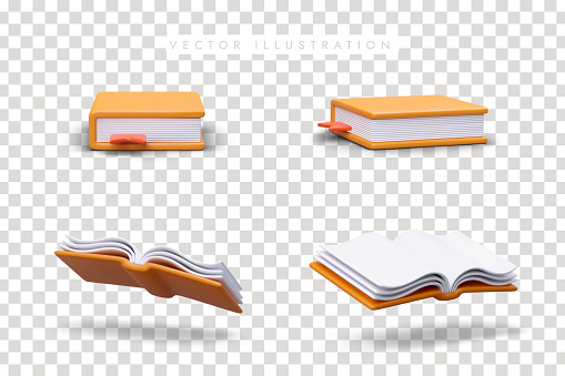 Closed and open realistic books in hard covers. Set of isolated images of educational literature. 3D volume in different positions. Vector color illustration, volumetric icons