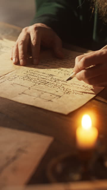 Vertical Screen: Close Up on Old Renaissance Male Hand Using Ink and Quill to Write New Ideas. Dedicated Historian Taking Notes, Writing a Book about the Important and Innovative Eras in History