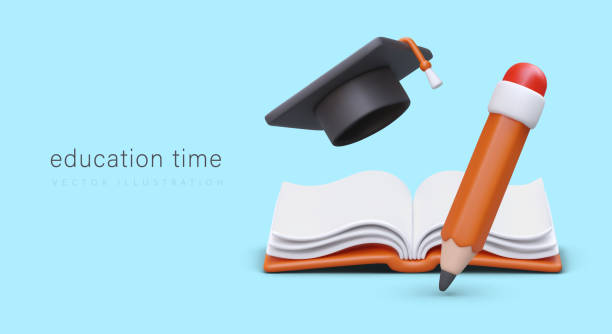 istock 3d vector illustration with pencil, hat and book. Advertising poster for college concept 1503306936