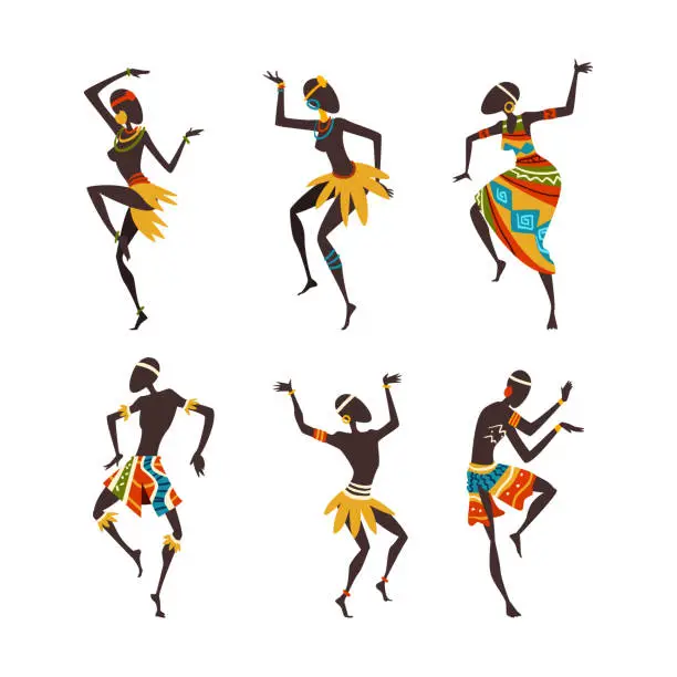 Vector illustration of African People Characters Dancing Folk or Ritual Dance Vector Set