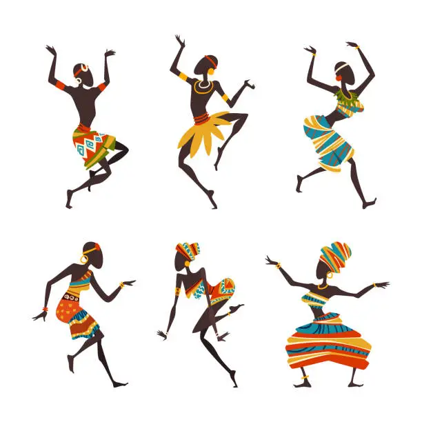 Vector illustration of African People Characters Dancing Folk or Ritual Dance Vector Set