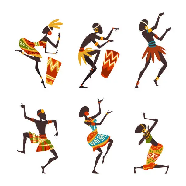 Vector illustration of African People Characters Dancing Folk or Ritual Dance Vector Set