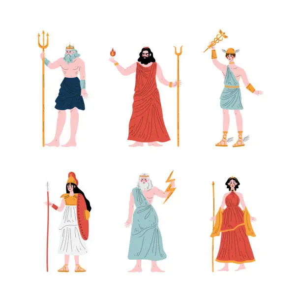 Vector illustration of Ancient Greek God with Poseidon, Hades, Hermes, Athena, Zeus and Gera Vector Set