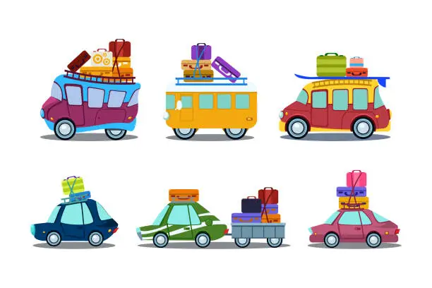 Vector illustration of Van and Car with Load of Trunk and Suitcase on Top as Travel Vehicle Vector Set