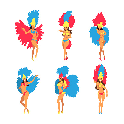 Bright Brazilian Female Samba Dancer Posing in Feathered Costume Vector Set. Young Woman Participating in Festive Parade and Carnival of Brazil Concept