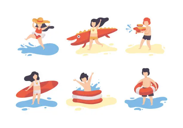 Vector illustration of Little Boy and Girl Having Vacation at Sea Splashing in Water and Having Fun Vector Set