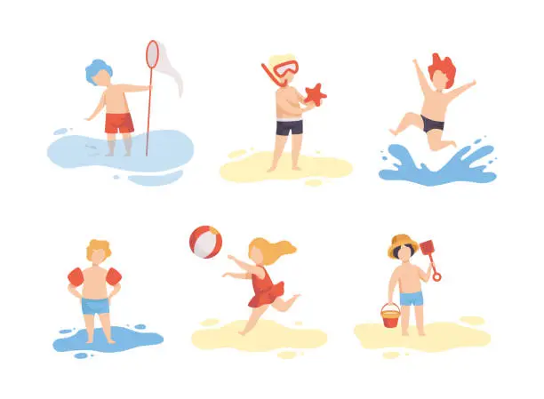 Vector illustration of Little Boy and Girl Having Vacation at Sea Splashing in Water and Having Fun Vector Set