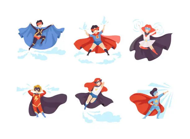 Vector illustration of Little Boy and Girl in Superhero Cloak and Mask Having Superpower Flying Vector Set