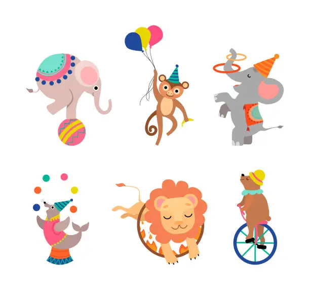 Vector illustration of Circus Animal Performing Trick Juggling with Balls, Jumping Through Ring, Riding Monocycle and Balancing on Ball Vector Set