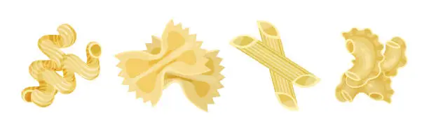 Vector illustration of Macaroni as Dry Shaped Pasta Made with Durum Wheat Vector Set