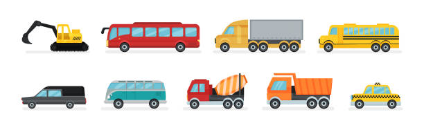ilustrações de stock, clip art, desenhos animados e ícones de truck and bus as wheeled motor vehicle used for transportation vector set - truck motion road cement truck
