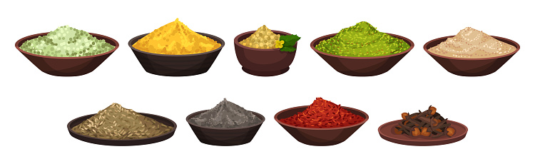Different Spices and Condiments with Pile and Heaps of Powder in Bowl Vector Set. Seasoning Used for Food Flavoring