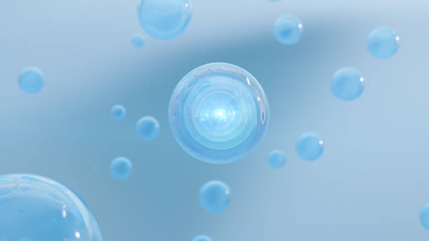 istock 3D cosmetic rendering Blue Bubbles liquid serum on a blurry background. 1503314707