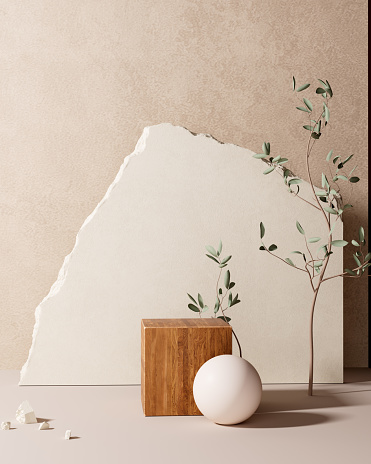 Product display background. 3d rendering object display mockup. Empty scene with stone slab, wooden cube and tree brunch decoration.