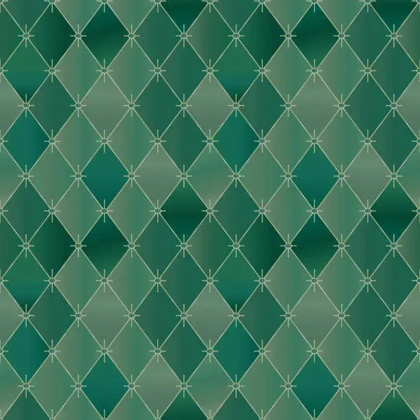 Vector illustration of Green rhombuses with different gradients and golden lines and stars seamless pattern