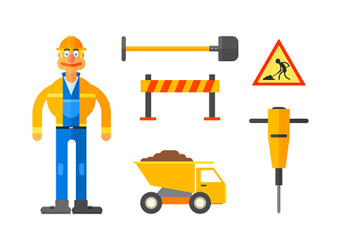 Road Worker Man in Hard Hat and Blue Overall with Shovel, Drill, Dump Truck and Road Sign Vector Set. Male with Professional Construction and Repair Equipment