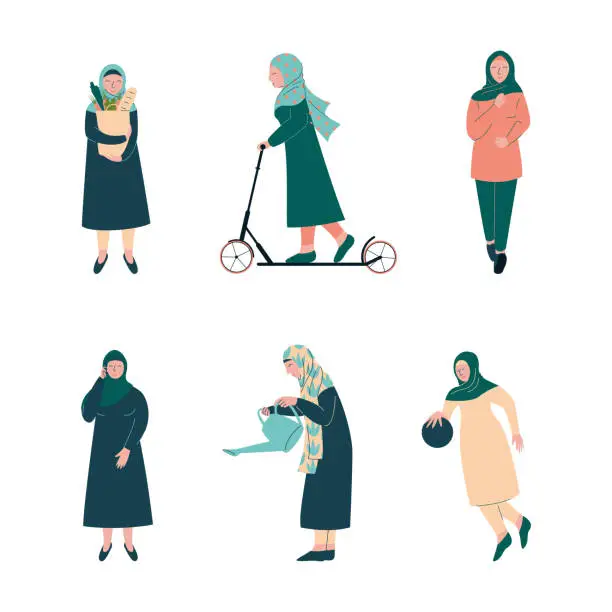 Vector illustration of Muslim woman in in everyday life set. Arabic women shopping, riding kick scooter, gardening cartoon vector illustration