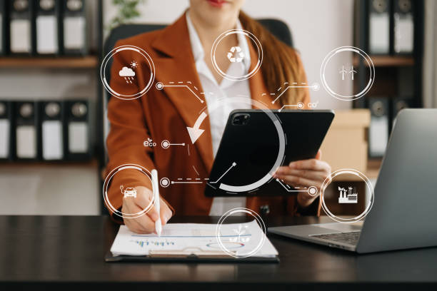 istock Business working with reduce CO2 concept with icons, global warming such as reforest green factory recycle and zero carbon dioxide emission concept. with VR icon at office 1503315529