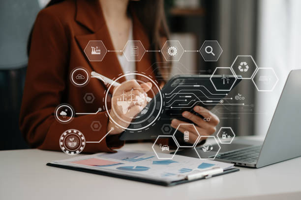 istock Business working with reduce CO2 concept with icons, global warming such as reforest green factory recycle and zero carbon dioxide emission concept. with VR icon at office 1503315552