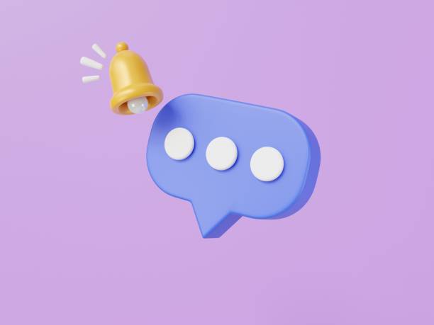 istock Bell notification and messages icon on purple background.3D social media communication concept.Bell alarm with Speech bubble in chat box.New alert minimal concept.3D render 1503317360
