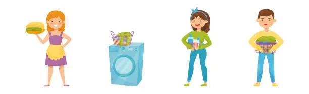 Vector illustration of Man and Woman Character Holding Washed Clothing and Detergents Vector Set