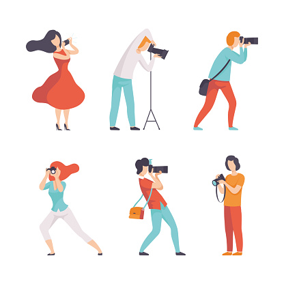 Set of photographers photographing. Female and male characters taking photo with camera flat vector illustration isolated on white