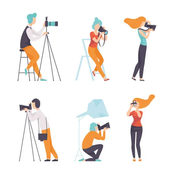 Vector illustration of Set of photographers characters shooting with photo camera. Female and male photographing flat vector illustration