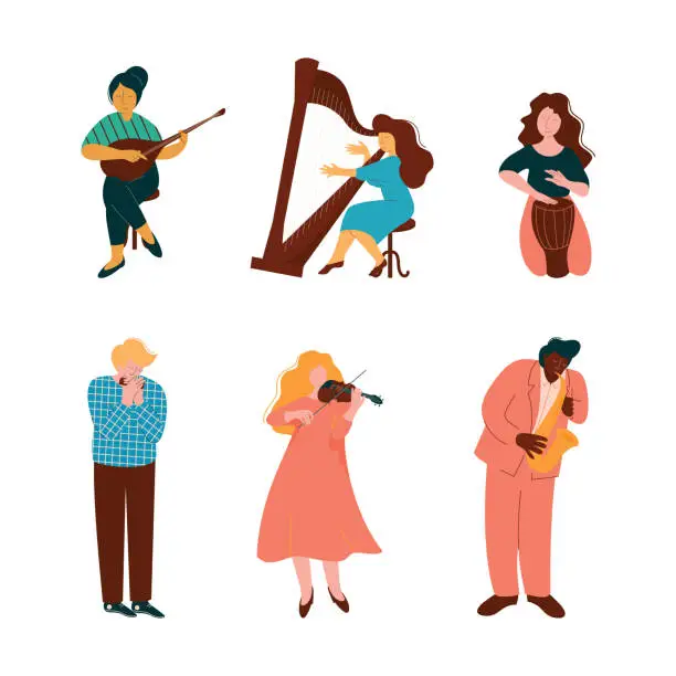 Vector illustration of Man and Woman Musician Instrumentalist Performing Music Playing Musical Instrument Vector Set