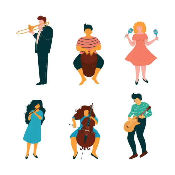 Vector illustration of Man and Woman Musician Instrumentalist Performing Music Playing Musical Instrument Vector Set