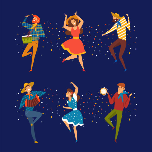 악기를 연주하고 춤을 즐기는 파티와 축제 벡터 세트를 연주하는 사람들 캐릭터 - rythm stock illustrations