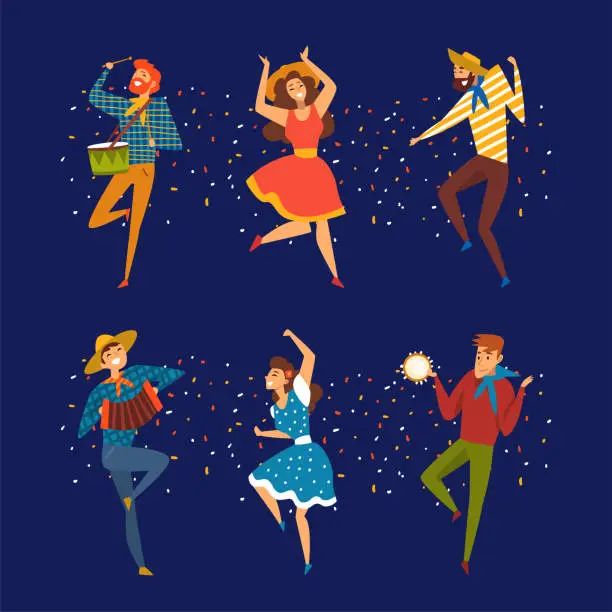 Vector illustration of People Character Playing Musical Instrument and Dancing Enjoying Party and Festival Vector Set