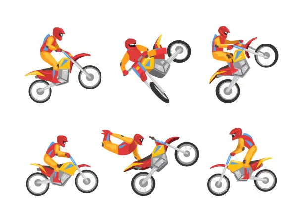 Vector illustration of Freestyle Motocross with Motorcycle Rider Performing Jumps and Stunt Vector Set
