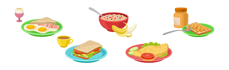 Breakfast Meal and Tasty Served Morning Food and Drinks Vector Set. Delicious Nutrition with Scrambled Egg, Porridge in Bowl and Sandwich